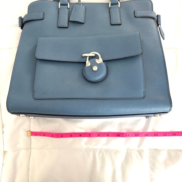 Michael Kors Tote Bag Emma Satchel Shoulder Crossbody Blue Pockets Leather - Picture 5 of 14